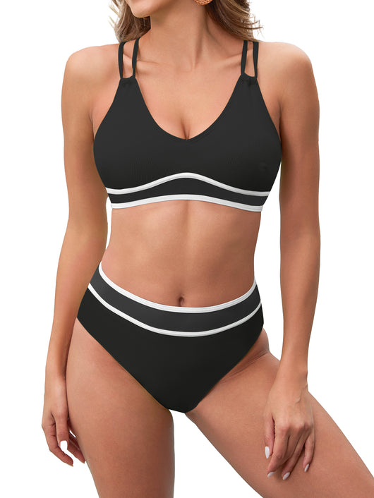 Neon green ribbed bikini set with V-neck bralette top and high-waisted bottoms, featuring white and sheer mesh stripes. - Image 7
