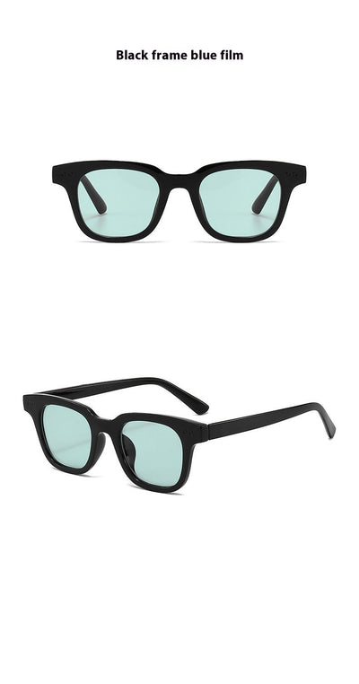 Black frame square sunglasses with light blue lenses, angled on a white background. - Image 23