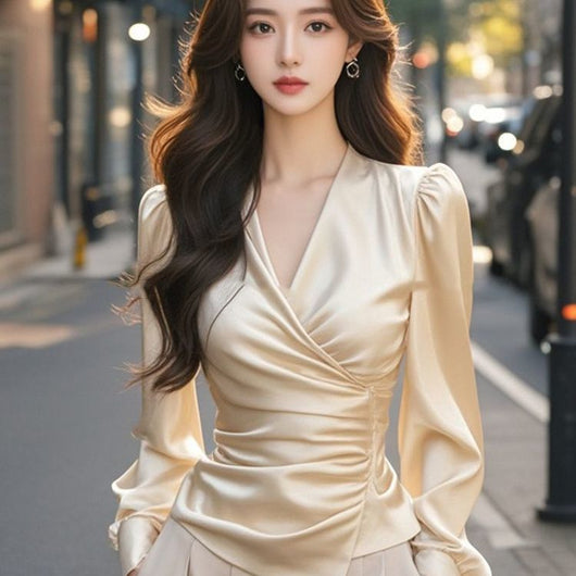 Blusa Satinada de Manga Larga con Cuello en V para Mujer
