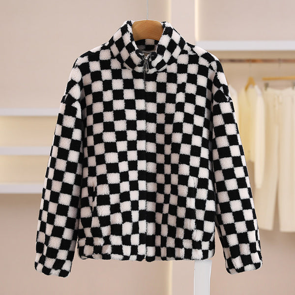 Chaqueta Polar Corta con Cuello Alto y Cierre de Cremallera - Diseño Cuadriculado en Lana