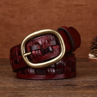 Cinturón de Cuero Tejido a Mano para Hombre con Hebilla de Latón Ajustable sin Perforaciones - Image 19