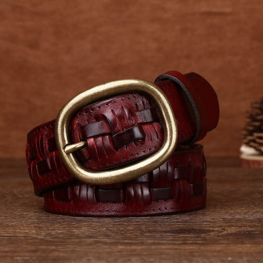 Cinturón de Cuero Tejido a Mano para Hombre con Hebilla de Latón Ajustable sin Perforaciones - Image 19