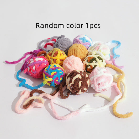 Assortment of soft, colorful yarn ball dog toys with built-in bells, featuring various patterns and textures. - Image 5