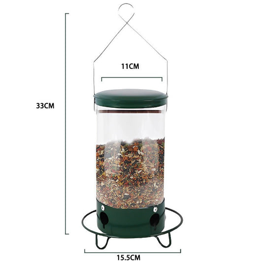 Green and clear tube hanging bird feeder with a metal wire hanger, designed for attracting hummingbirds. - Image 12