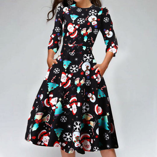 Vestido Navideño Estampado Cuello Redondo Slim - Image 4