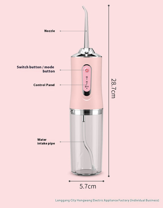Four portable electric water flossers in green, pink, black, and silver, with clear water tanks, displayed next to their box.