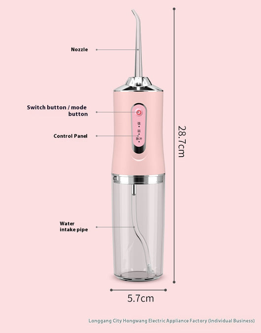 Four portable electric water flossers in green, pink, black, and silver, with clear water tanks, displayed next to their box.