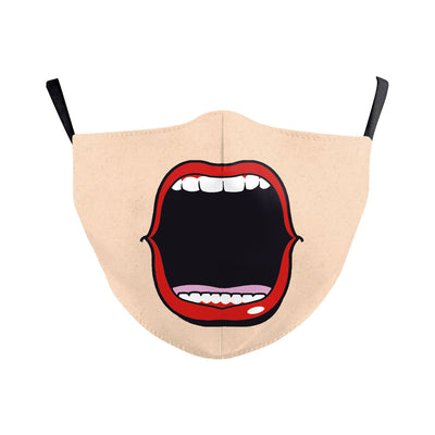 Beige Halloween face mask with a wide-open mouth print featuring red lips, white teeth, and a pink tongue. - Image 30