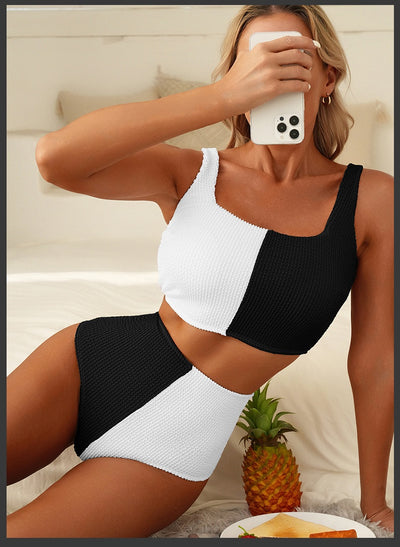 Women's black and white color block swimsuit set with a square neck crop top and high-waisted bottoms. - Image 7
