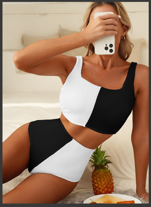 Women's black and white color block swimsuit set with a square neck crop top and high-waisted bottoms. - Image 7