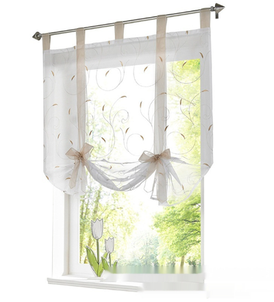 White sheer Roman window screen with red embroidered floral patterns and red ribbon ties, hanging from a silver rod. - Image 12