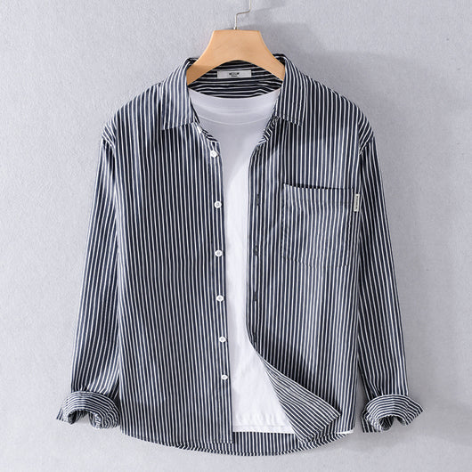 Camisa Casual Hombre a Rayas Azul Otoño Estilo Coreano - Image 7