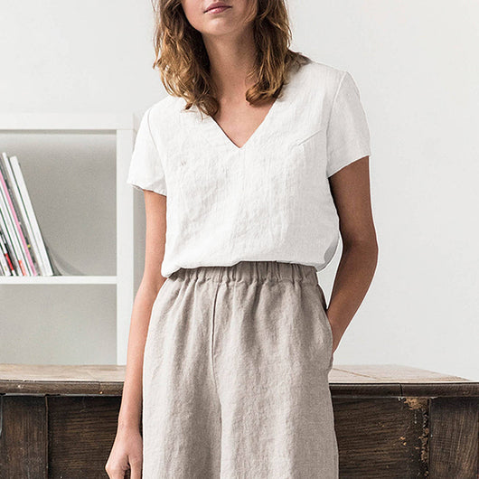 Camiseta de Lino Puro Cuello V Mujer - Diseño Minimalista - Image 13