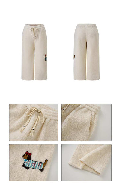 Pantalones Anchos de Lana Cordero con Bordado de Cachorro - Casual y Cómodo - Image 17