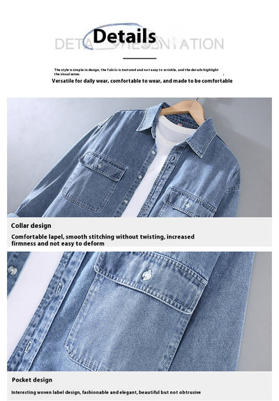 Camisa Denim Retro Vintage Lavado Doble para Hombre - Manga Larga Tono Claro - Image 7