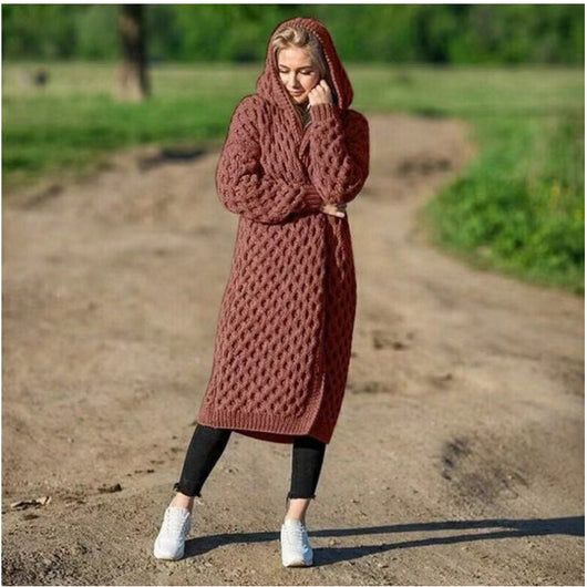 Cardigan Suéter Largo Mujer con Capucha en Colores Sólidos - Image 13