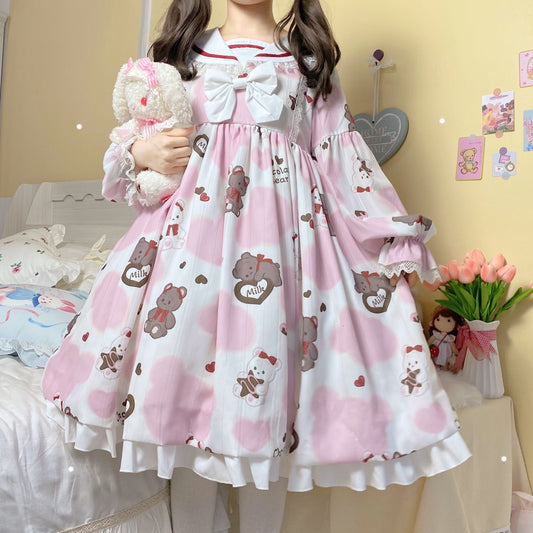 Vestido Milk Bear Cuello Marinero Manga Larga Azul Marino