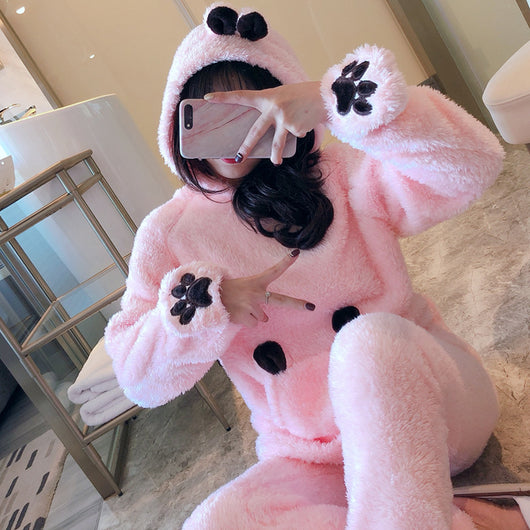 Parent and child wearing matching gray coral fleece hooded homewear sets with animal ears and paw print details. - Image 5