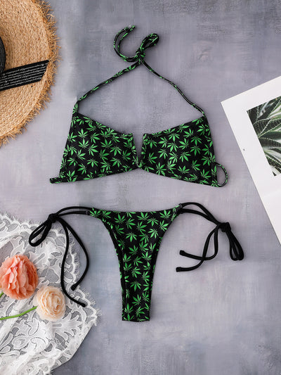 Bikini Estampado Hojas con Aro y Fruncidos Sexy - Image 12