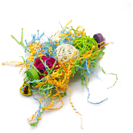 Set of 3 colorful bird toys with rattan balls, shredded paper, wooden blocks, and bells for parrots. - Image 7