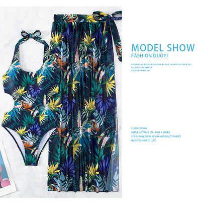 Yellow tropical print three-piece bikini set with halter top, high-waisted bottoms, and long cover-up skirt with high slit. - Image 16