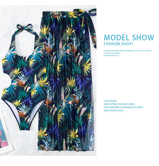 Yellow tropical print three-piece bikini set with halter top, high-waisted bottoms, and long cover-up skirt with high slit. - Image 16