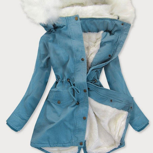 Abrigo Denim Tipo Trinchera con Cuello de Piel para Otoño e Invierno