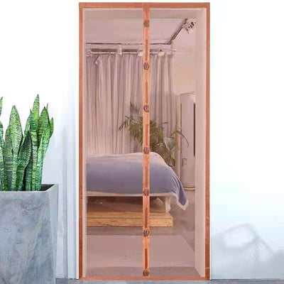 Black magnetic mosquito-proof curtain installed in a white doorway, with a puppy sitting in front of it. - Image 3