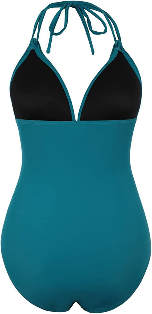 Teal halter one-piece swimsuit with a deep V-neck and ruched detailing on the bodice and sides. - Image 17