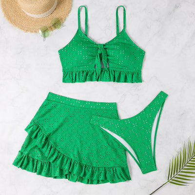 Light blue eyelet two-piece swimsuit set with a tie-front crop top and a matching ruffle-trim hip-hugging skirt. - Image 16