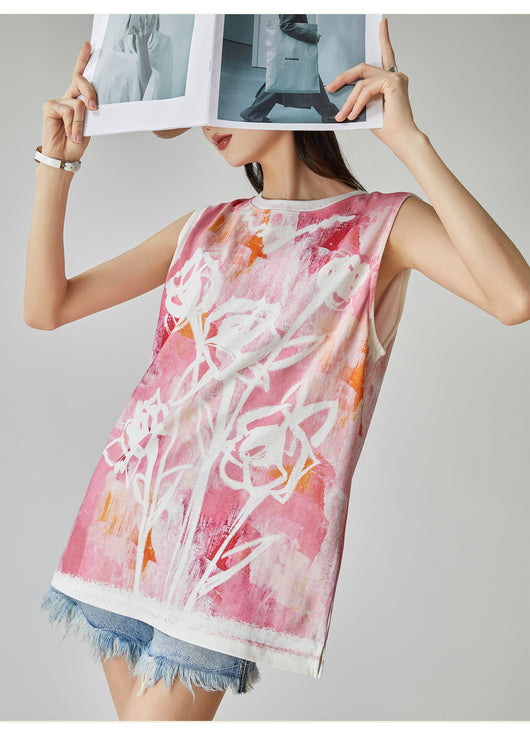 Blusa Suelta sin Mangas Estampado Acuarela Floral Rosa para Mujer - Image 11