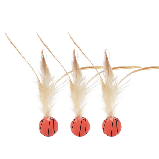 Three cat toys with pink balls and natural beige feathers, displayed on clear stands against a white background. - Image 10