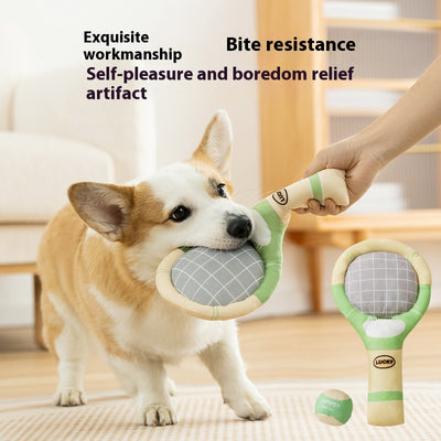 Plush dog toy set featuring a green and beige tennis racket (29cm) and a matching 6cm tennis ball. - Image 4