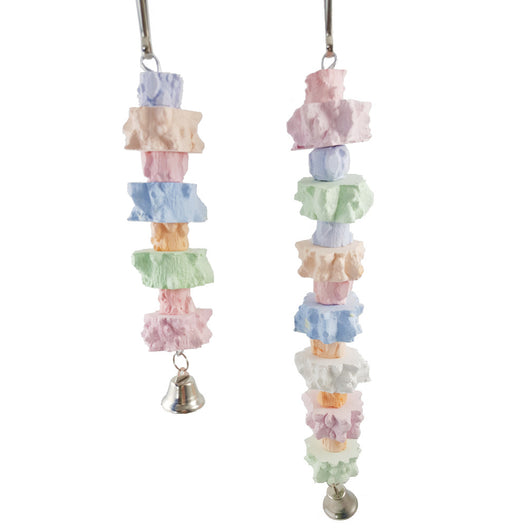 Colorful pepper stone molar string toy for birds, featuring pastel blocks and a metal bell at the bottom. - Image 6