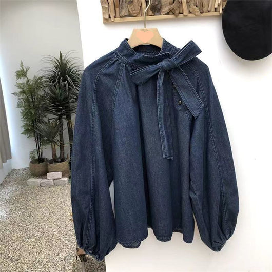 Camisa Denim Retro Suelta con Cuello y Cordones para Mujer - Image 13