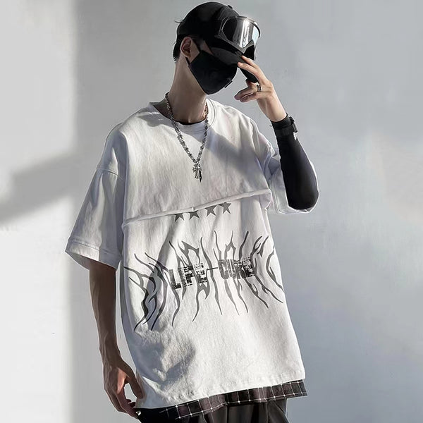 Camiseta Retro Hombre Estampado Pentagrama Manga Corta Suelta Verano
