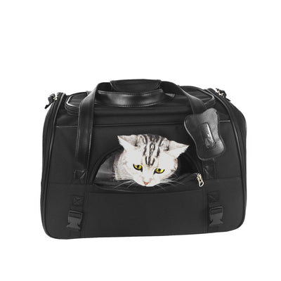 Light grey pet carrier with brown faux leather trim, mesh windows, top handles, and an adjustable shoulder strap. - Image 3