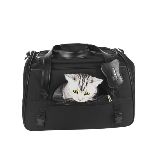 Light grey pet carrier with brown faux leather trim, mesh windows, top handles, and an adjustable shoulder strap. - Image 3