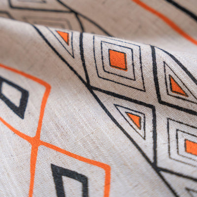 Boho cream cotton and linen curtain with tribal print in black and orange, featuring black fringe tassels. - Image 23