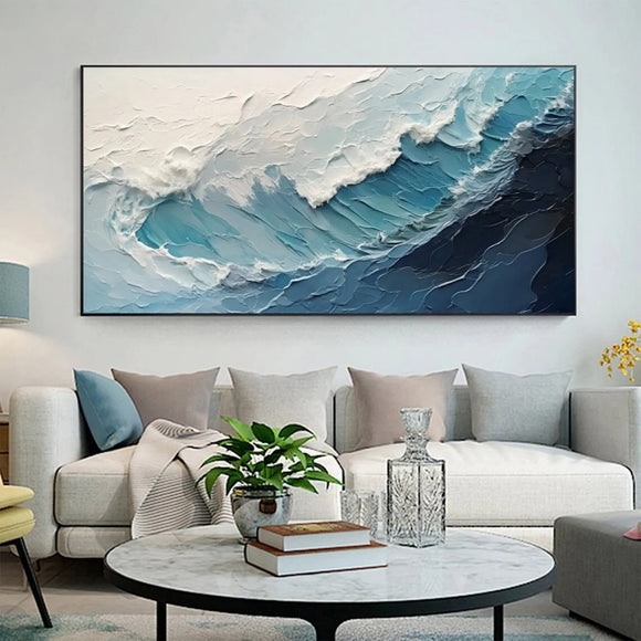 Cuadro Óleo Abstracto Grandes Dimensiones Olas Océano Azul y Blanco Texturizado para Sala