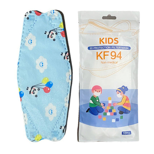 Black disposable KF94 children's mask next to white packaging with cartoon kids and "10PCS" label. - Image 7
