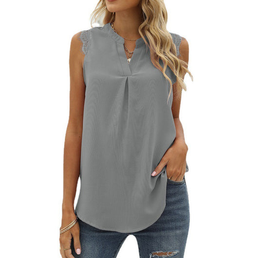 Blusa Suelta Escote V sin Mangas con Encaje de Color Sólido - Image 16