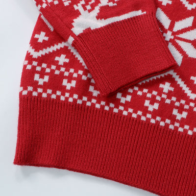 Women's black, red, and white Christmas sweater with reindeer and snowflake fair isle patterns, round neck, long sleeves. - Image 11
