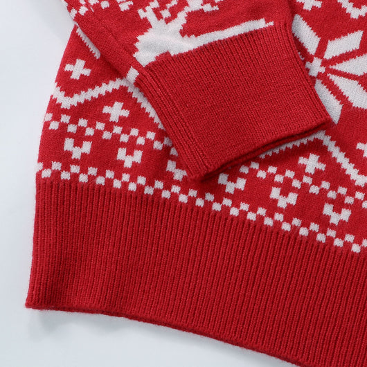 Women's black, red, and white Christmas sweater with reindeer and snowflake fair isle patterns, round neck, long sleeves. - Image 11