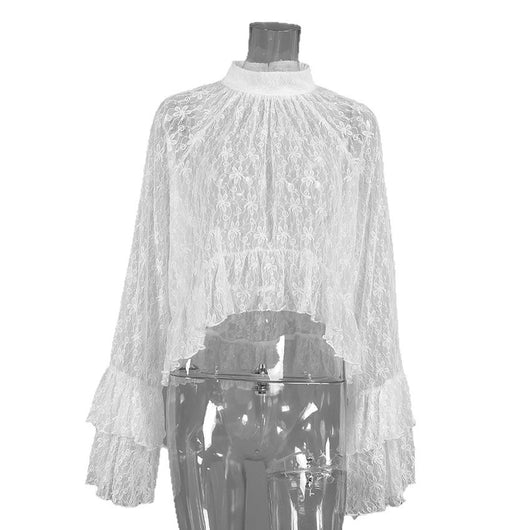 Blusa de Trabajo Blanca con Encaje Jacquard y Cuello Alto - Image 6