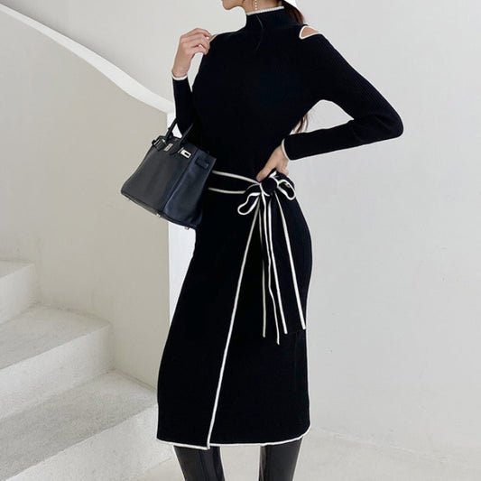 Vestido Suéter Tejido con Escote Cruzado y Cordones