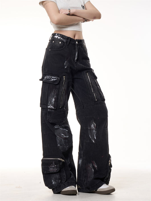 Pantalones de Trabajo Denim Multibolsillos con Diseño Graffiti Vintage - Image 10