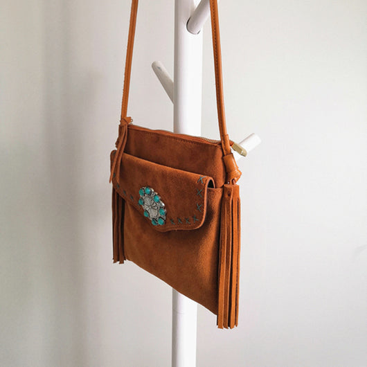 Bolso Bandolera Vintage con Fleece y Flecos Florales - Image 6