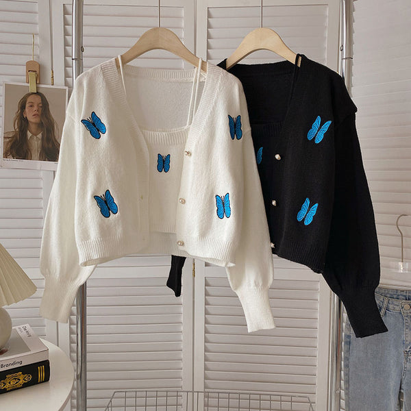 Chaleco de Punto con Bordado de Mariposa y Cardigan Manga Larga - Conjunto de Dos Piezas