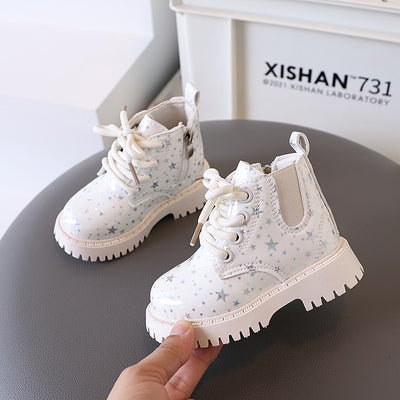 White toddler girls' boots with a holographic star pattern, lace-up front, and side zipper closure. - Image 3